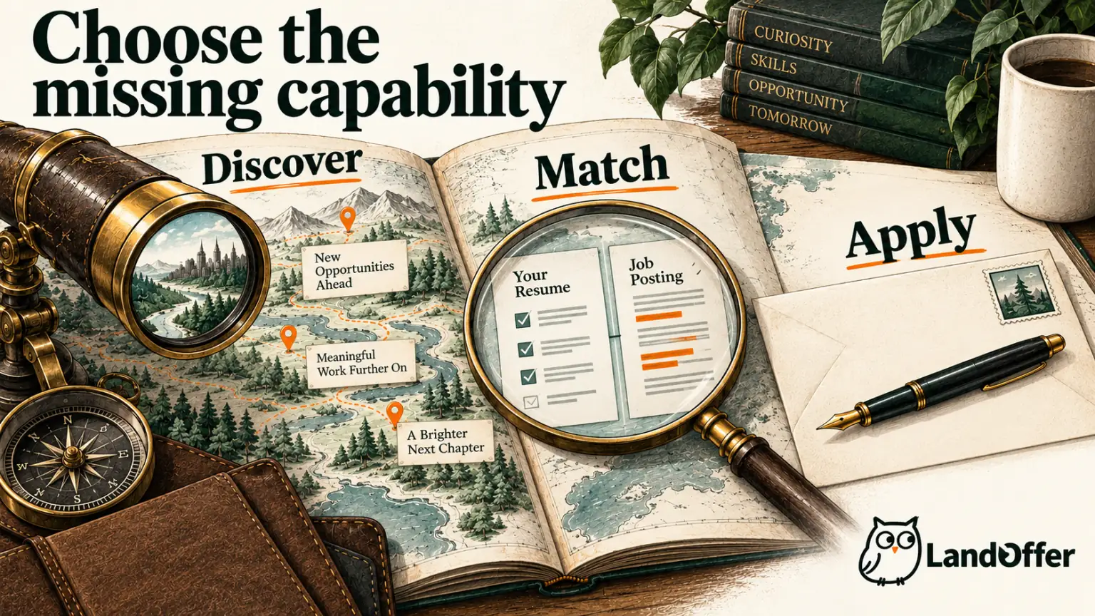 Editorial illustration of a telescope, a resume comparison lens, and an application pen representing three different job-search tasks