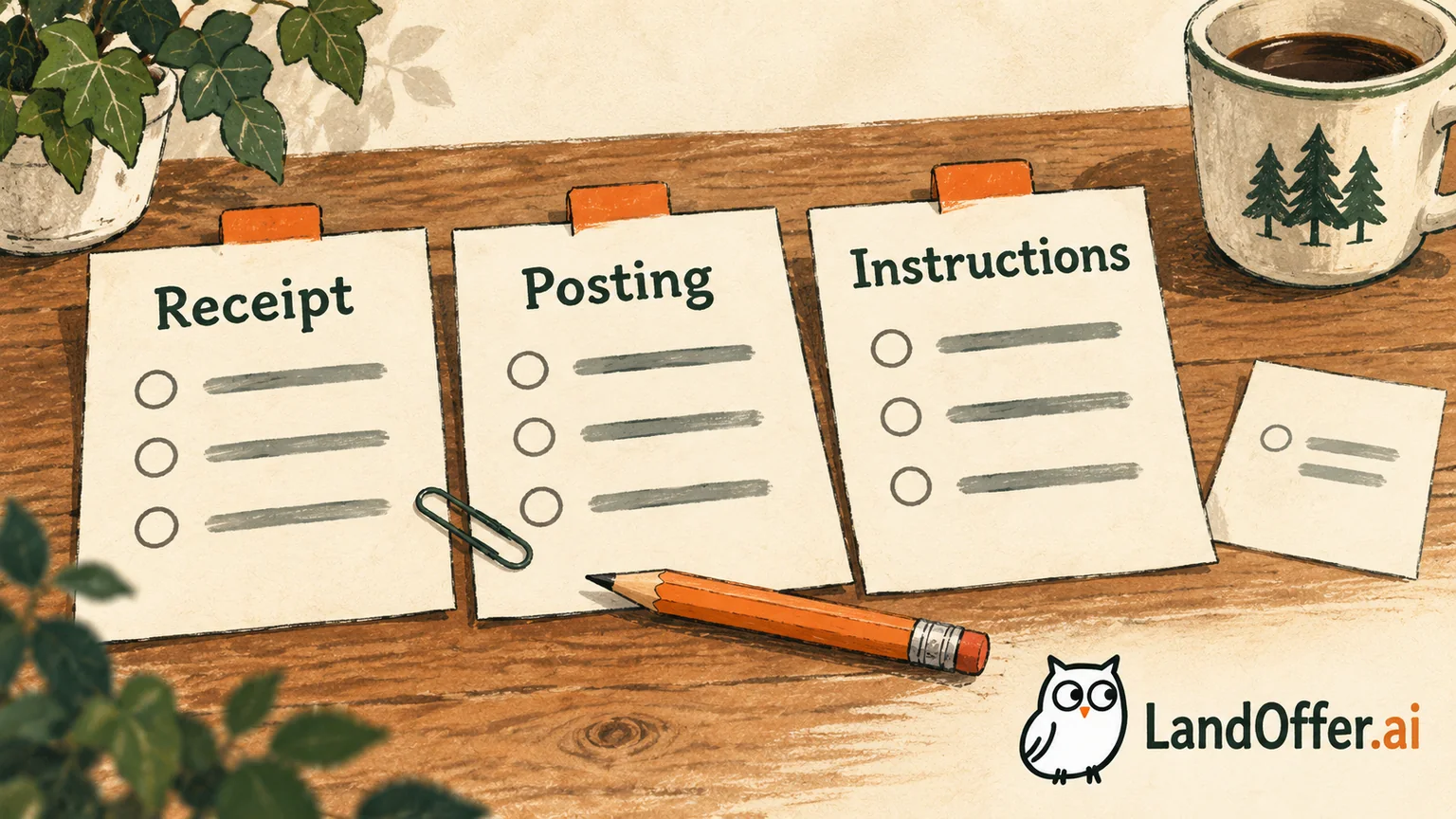 A desk inspection stack keeps Receipt, Posting and Instructions separate, allowing another application decision to follow evidence