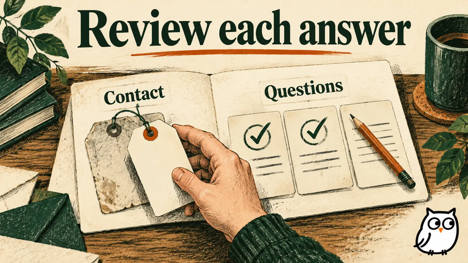 Editorial illustration of a correspondence card with separate Contact and Questions areas, a replaced contact tag, and individually reviewed question cards.