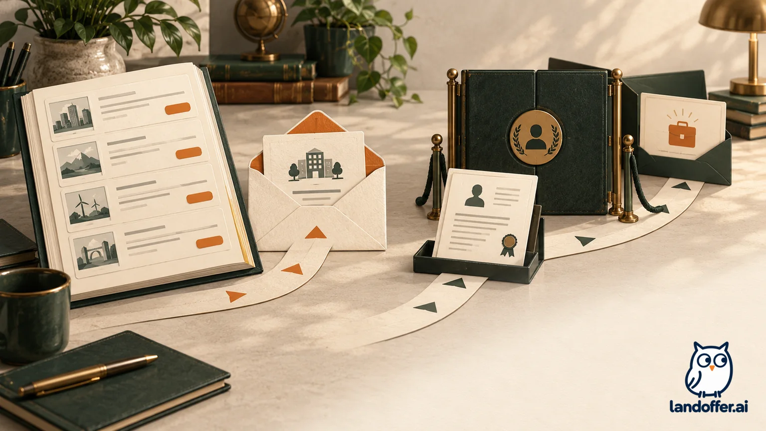Editorial illustration of public job cards leading toward an employer application beside a screened member portfolio that reveals a project invitation. This is a metaphor, not a product interface.