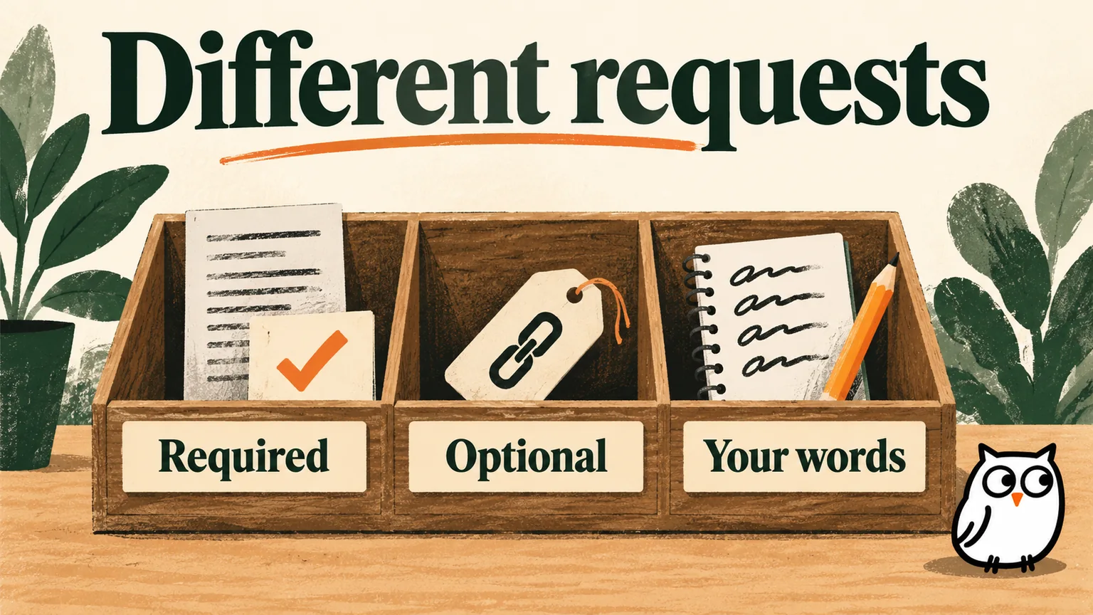 Editorial illustration of a wooden cabinet separating Required, Optional, and Your words requests, with documents, a link tag, and a handwritten notebook.