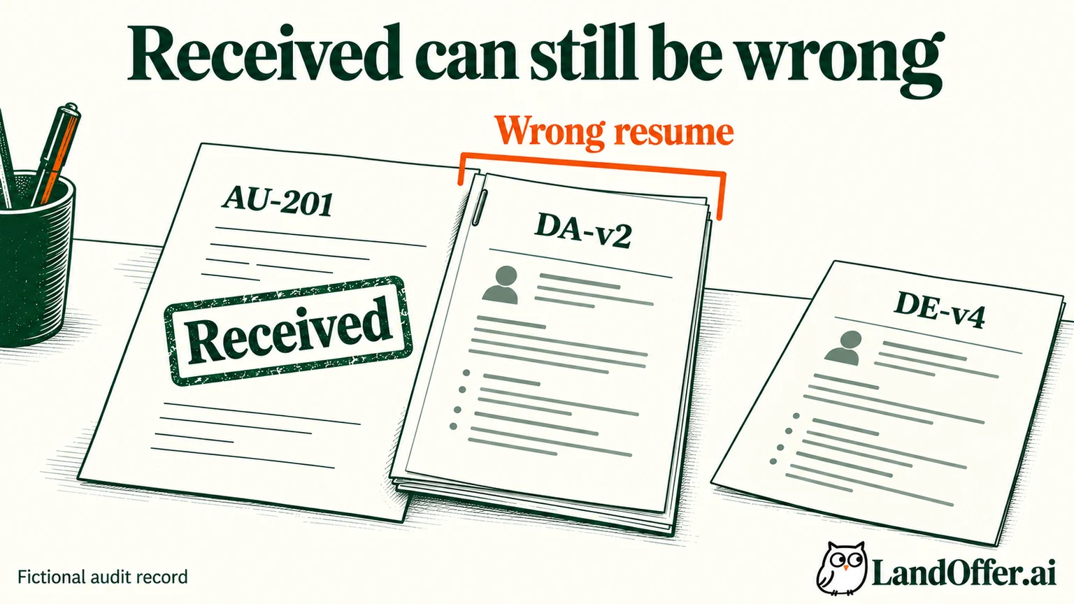 Fictional AU-201 has an employer receipt but the attached DA-v2 resume differs from the intended DE-v4; received does not mean content-correct.