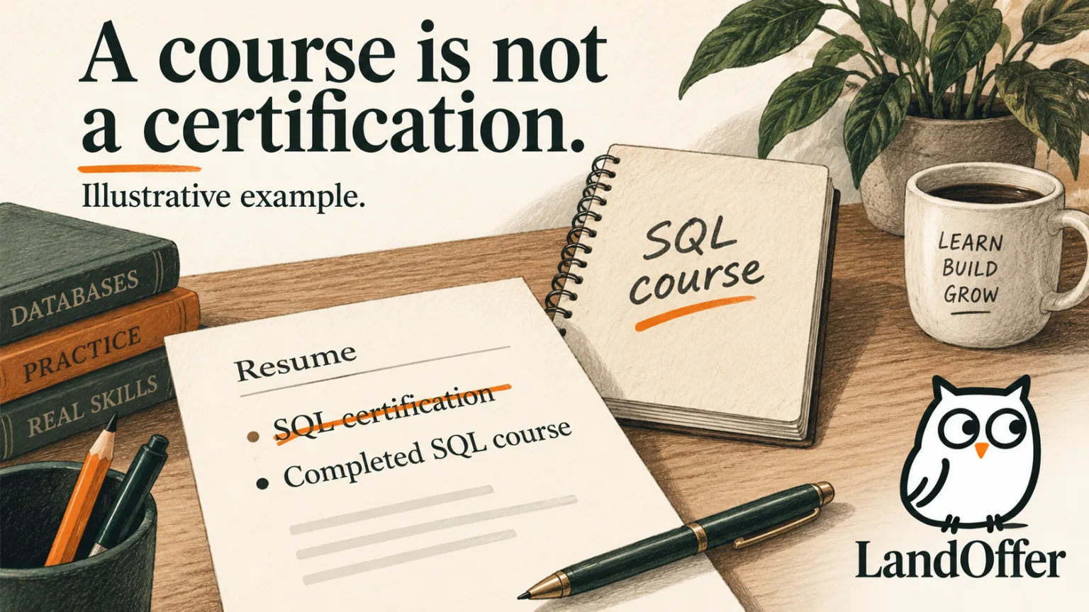 Illustrative example crossing out SQL certification and replacing it with completed SQL course, matching the actual qualification