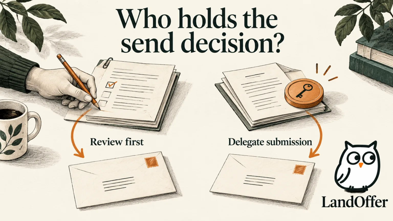 Two editorial application paths show a candidate keeping the final send control and a candidate granting a tool permission to send one chosen application.