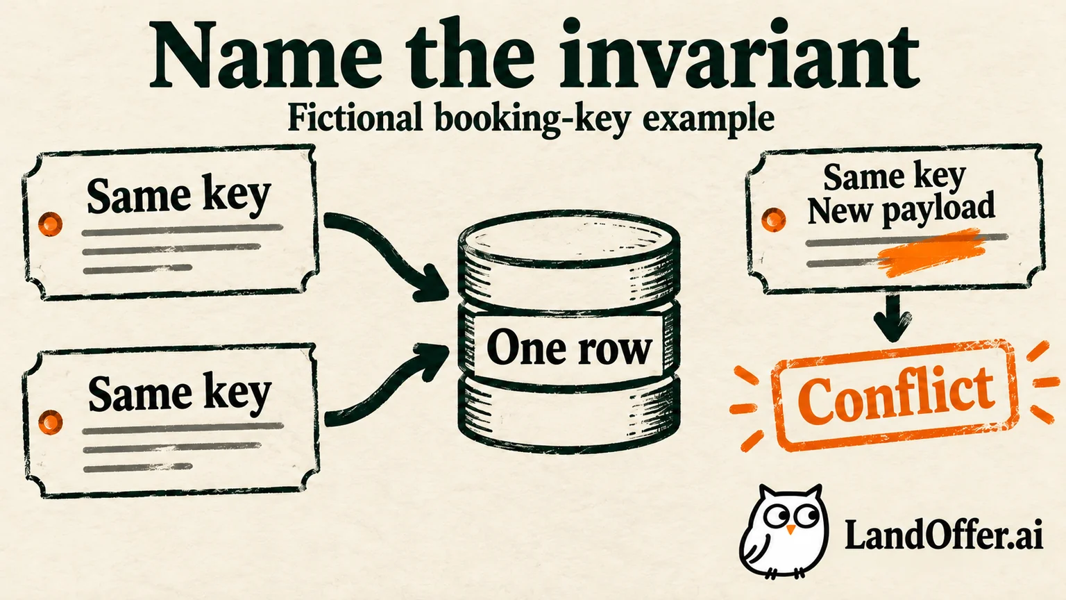 Illustrated service evidence map connects an API contract, a unique-key data constraint and bounded test cases to truthful resume bullets, while infrastructure ownership remains with the platform team.