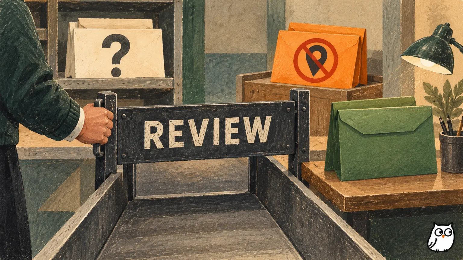 Three candidate envelopes stop before a dispatch chute while an unresolved answer and an excluded location remain outside the send queue