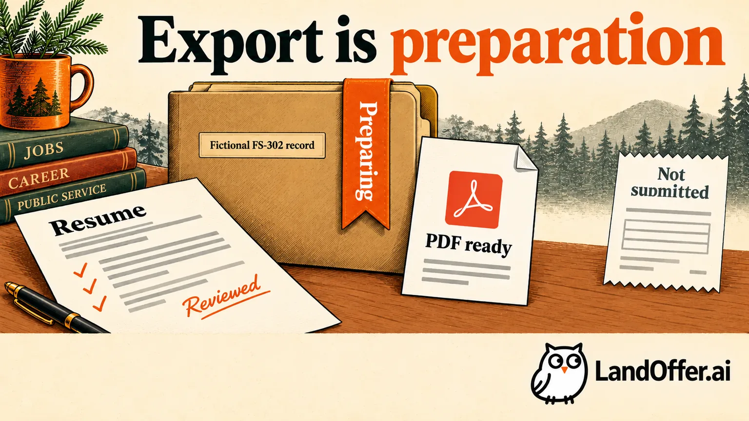 An illustrated comparison uses the same reviewed resume bullet and the same Preparing job record on two desks, with a downloaded document kept separate from an employer receipt.