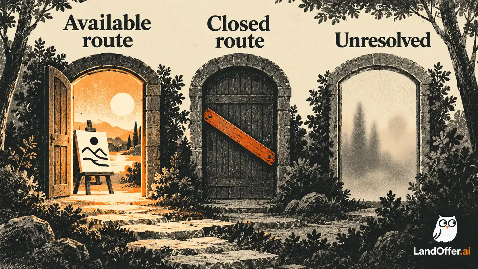Three application doorways show an accessible route, an explicitly closed route and an unresolved route behind a screen.