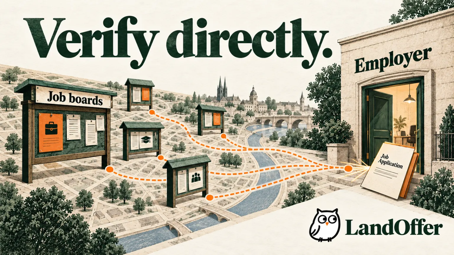 Editorial paper city map connecting several job noticeboards to one employer doorway and job dossier