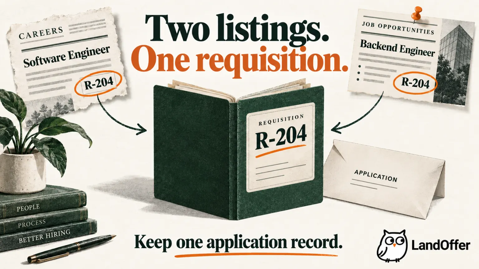 Editorial illustration of two listings bearing R-204 converging on one requisition folder and one application record