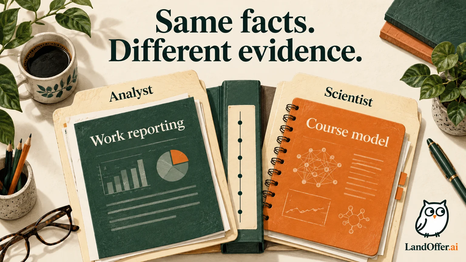 Illustration of analyst and scientist folders sharing one factual spine, with professional reporting pages separate from a labeled course-model page