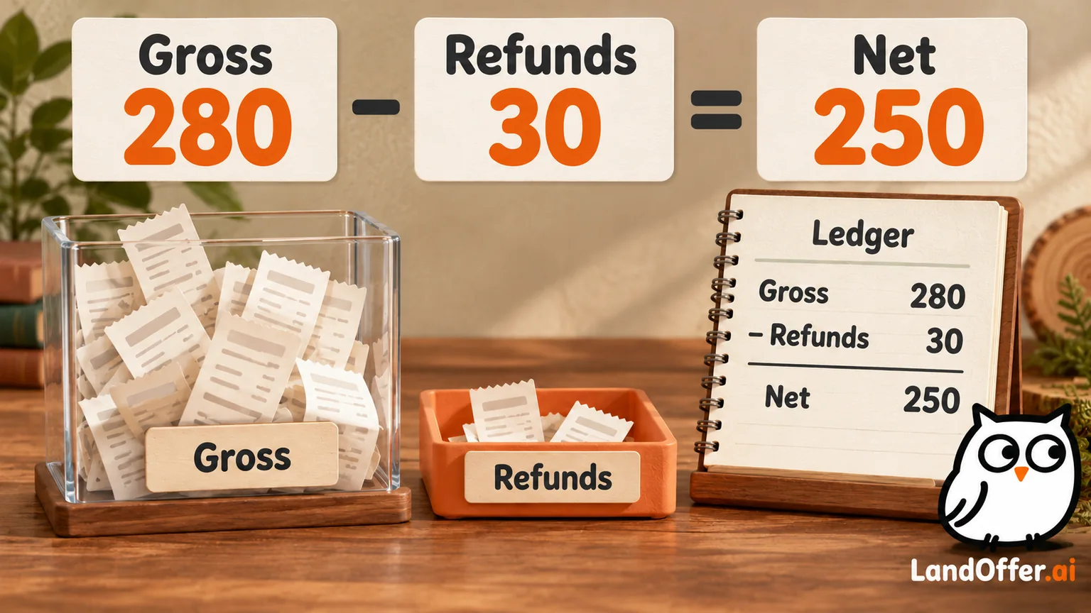 Illustrative calculation shows gross order value of 280 minus refunds of 30 equals net value of 250 for the article's fictional ledger.