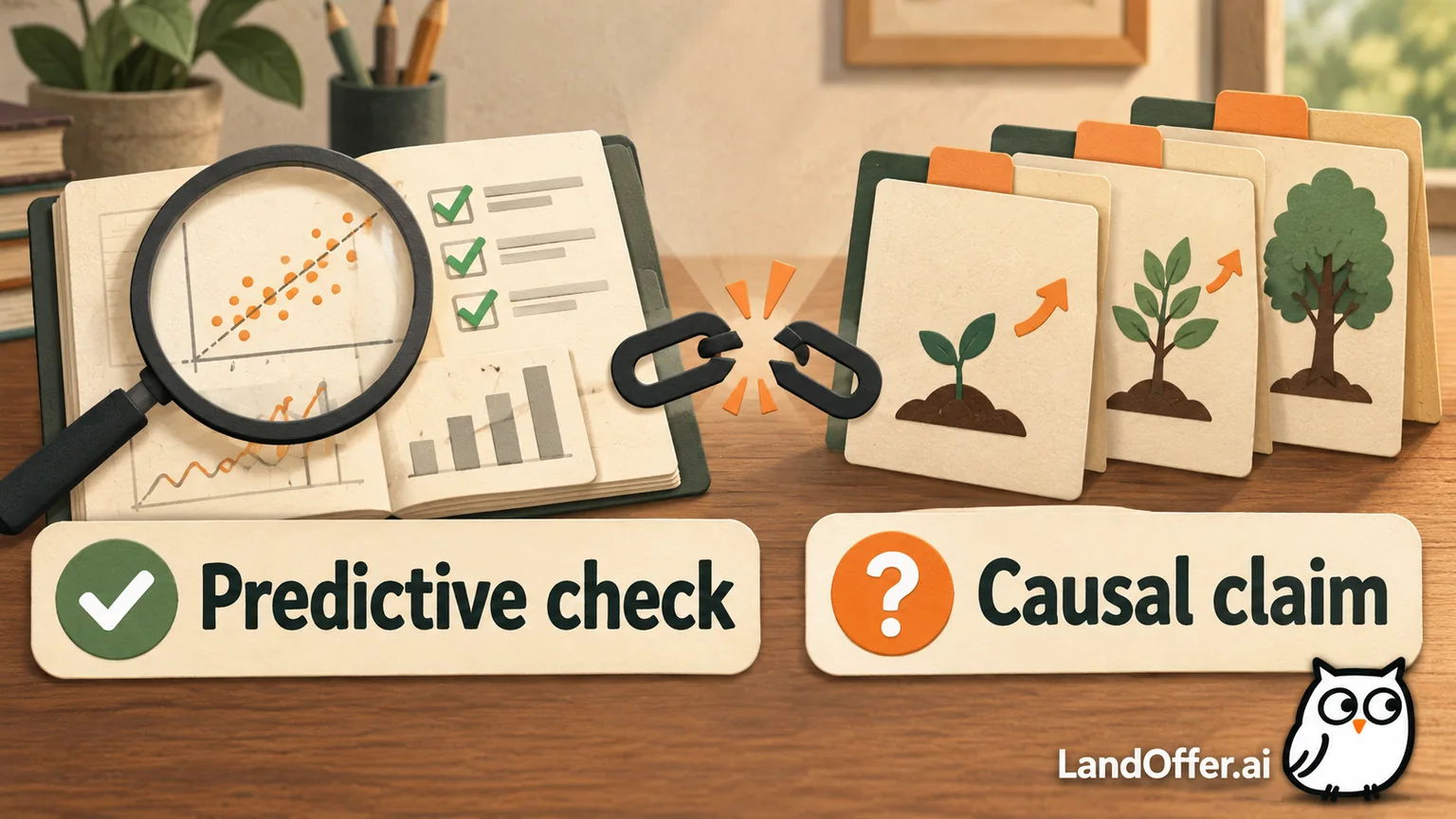 Supporting illustration separates a predictive check from a causal claim using a magnifying glass, evaluation ledger and phased-rollout evidence.