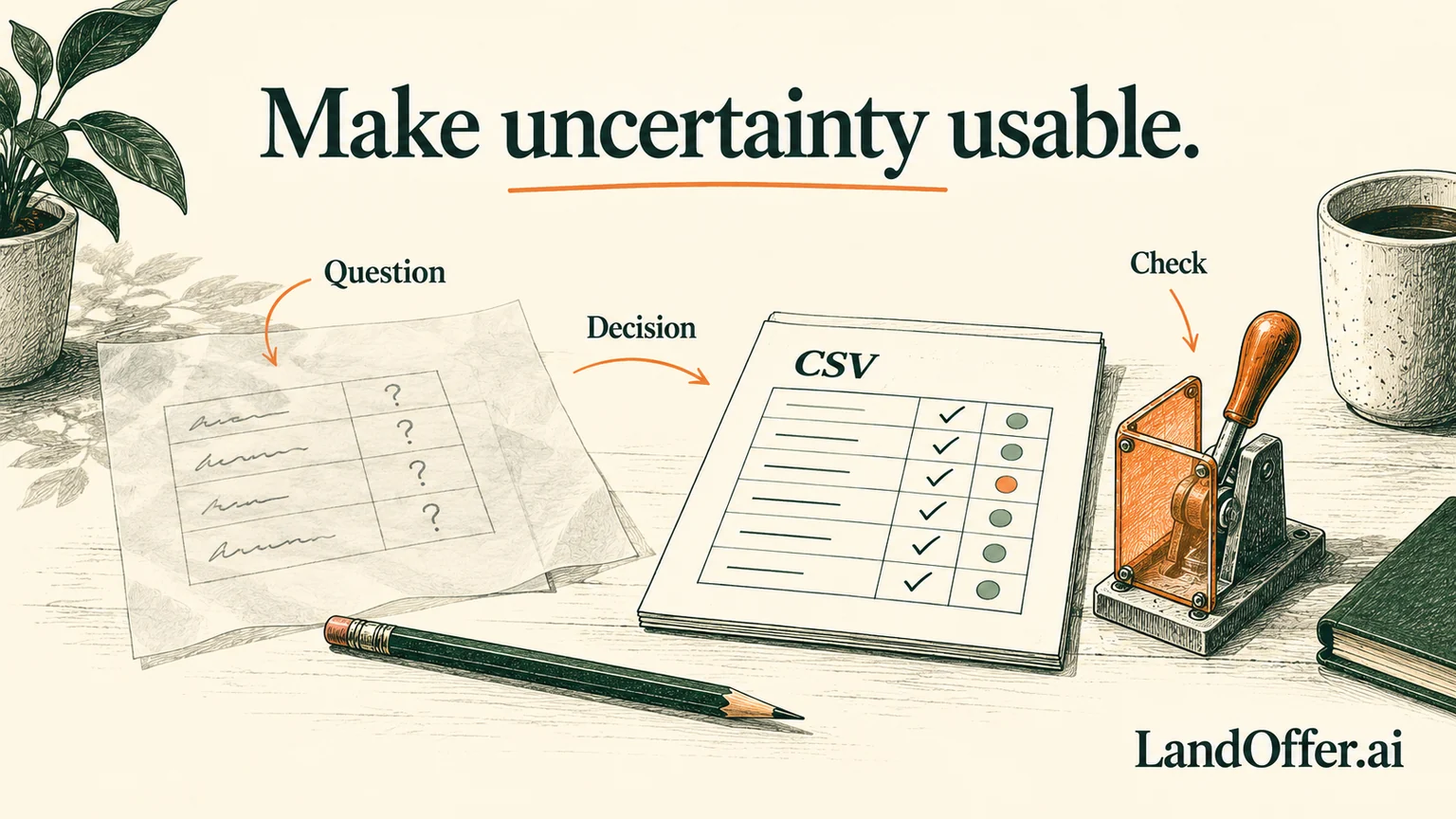 An editorial drafting desk turns a loosely sketched onboarding request into one bounded validation prototype, with a pencil and guardrail showing a decision before implementation.
