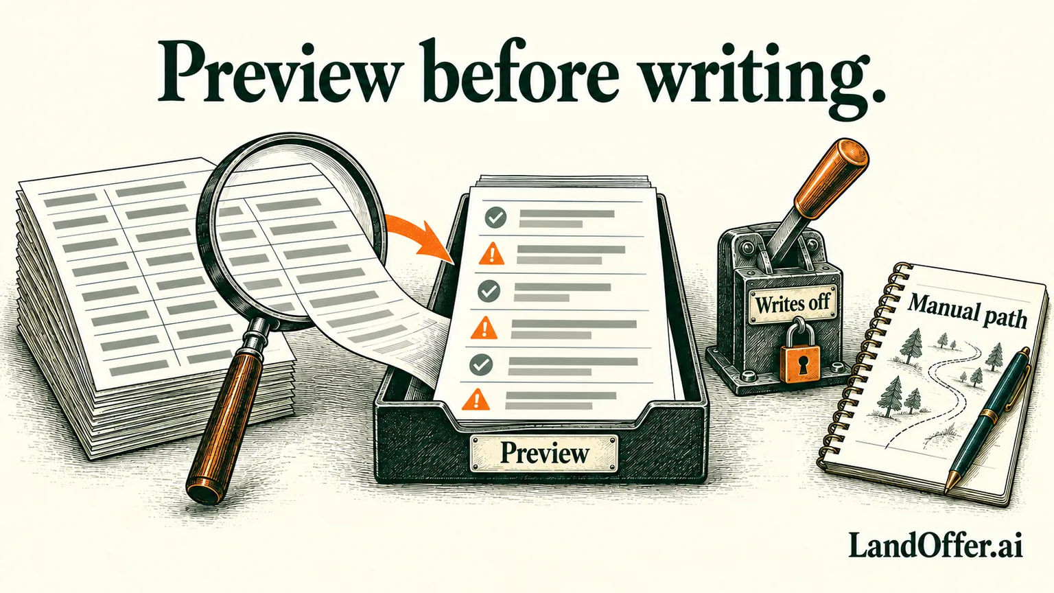An editorial CSV preview tray sits beside a visibly locked write lever and a manual-work notebook, showing a limited prototype that checks input without creating accounts.