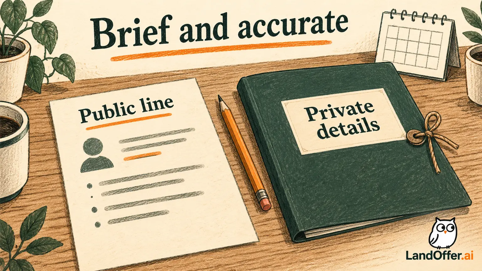 A sealed private folder sits beside a short public career-break line and a calendar, illustrating how truthful dates can coexist with limited personal disclosure.