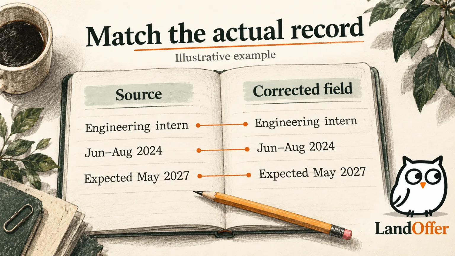 Source and corrected records retain the same internship interval and expected graduation date in a fictional comparison.