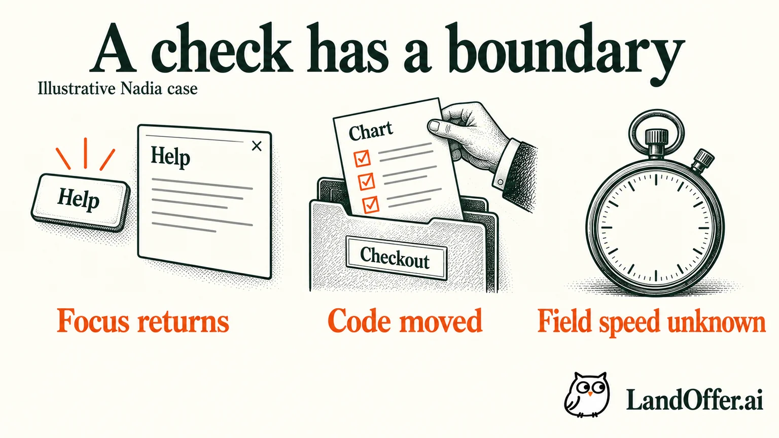Scoped focus and route-code checks support limited claims while production field speed remains unmeasured. Editorial illustration of Nadia’s fictional evidence audit.