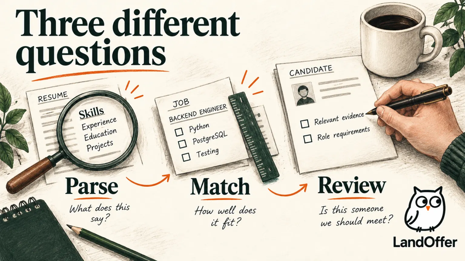 Conceptual illustration distinguishing resume parsing, job matching, and human review as three different questions