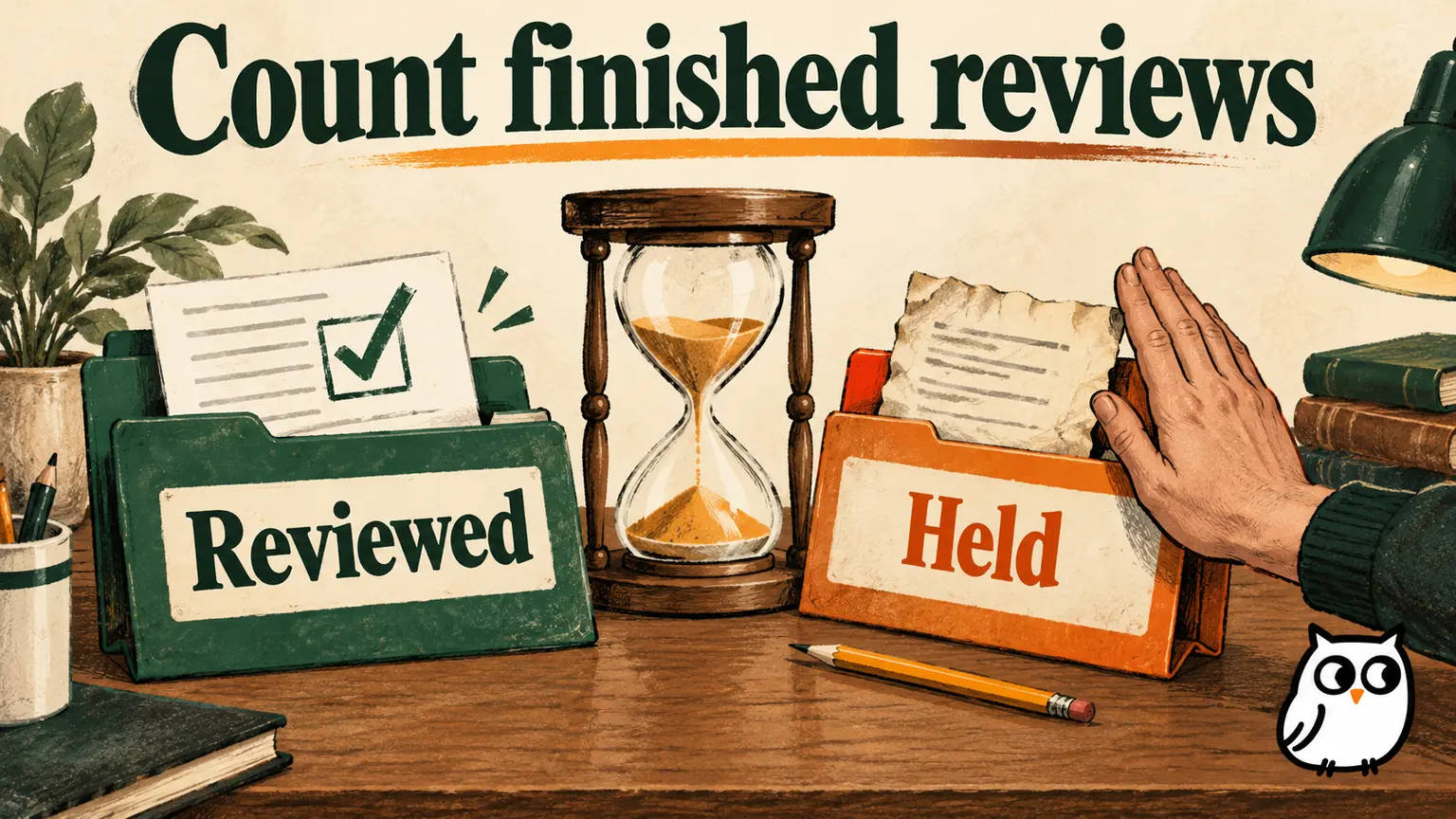Editorial illustration of an hourglass between Reviewed and Held document folders, showing a stale-file draft paused instead of counted as complete.