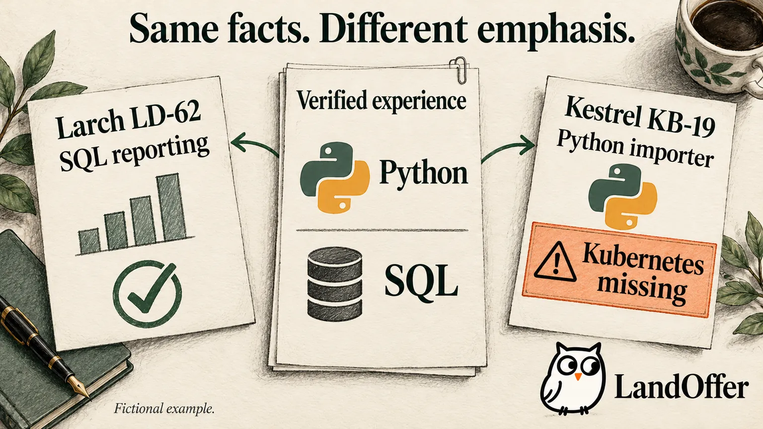 Illustrative example: Samira's verified Python and SQL experience supports different role-specific emphasis; missing Kubernetes experience remains an explicit gap.