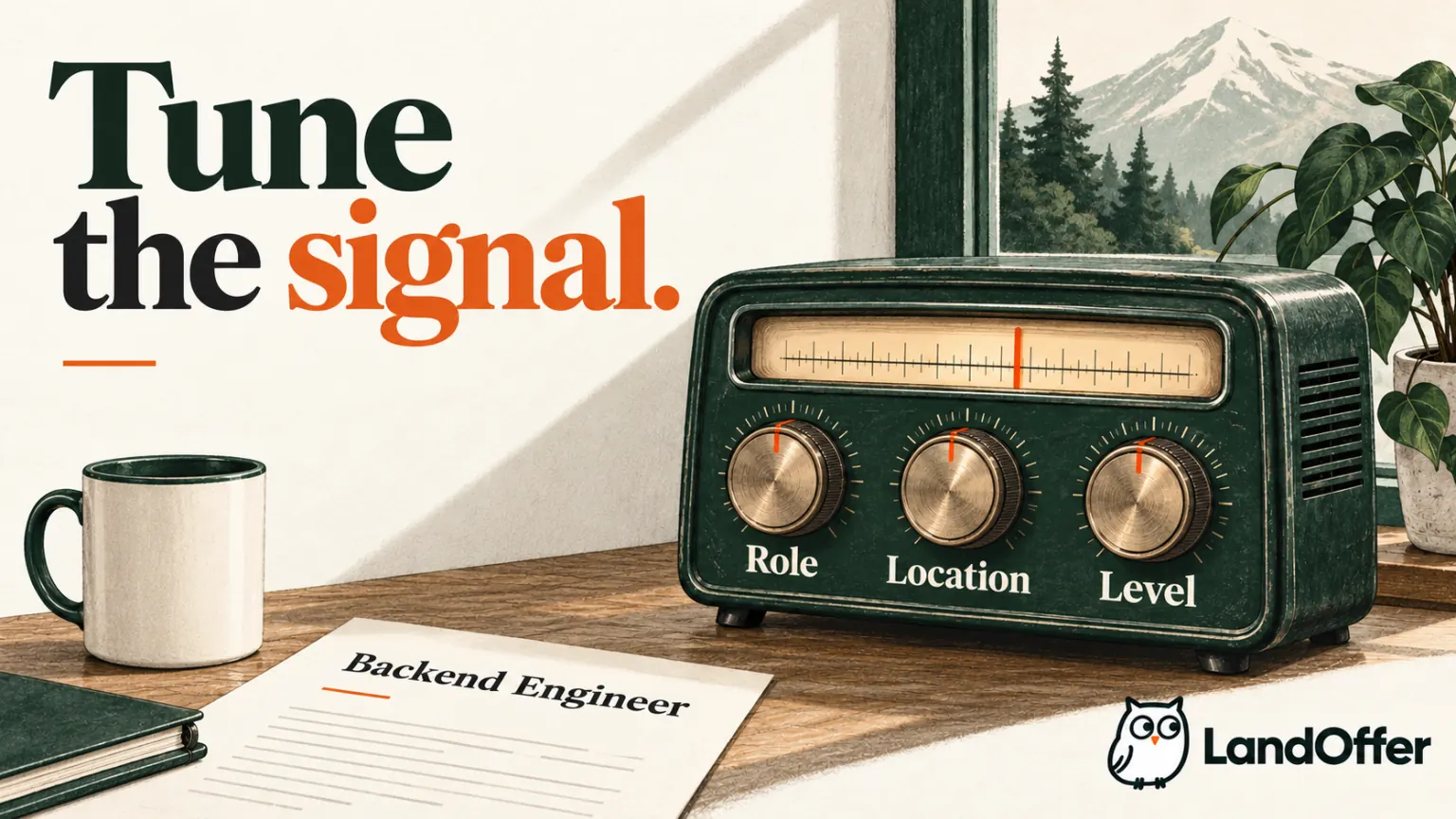 Editorial illustration of a vintage radio with Role, Location and Level tuning dials beside a job notice
