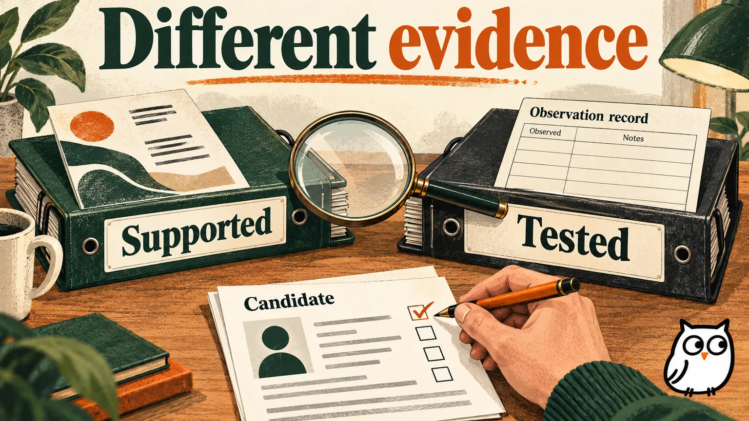 Editorial illustration of separate Supported and Tested evidence binders beside a candidate profile card, showing that vendor documentation and observations should remain distinct.