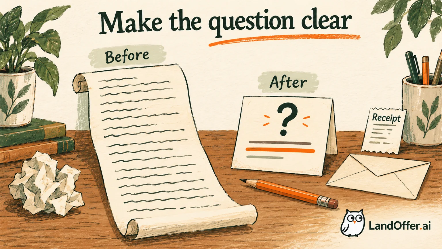 A long Before scroll sits beside a short After note with a clear question, showing a finished follow-up rewrite without sending it