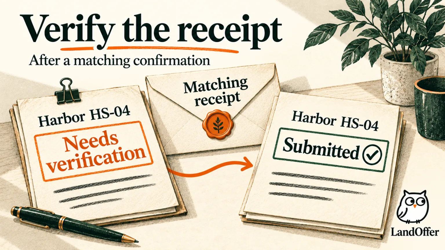 Harbor HS-04 stays in Needs verification after an error and becomes Submitted only after a matching receipt is recorded.