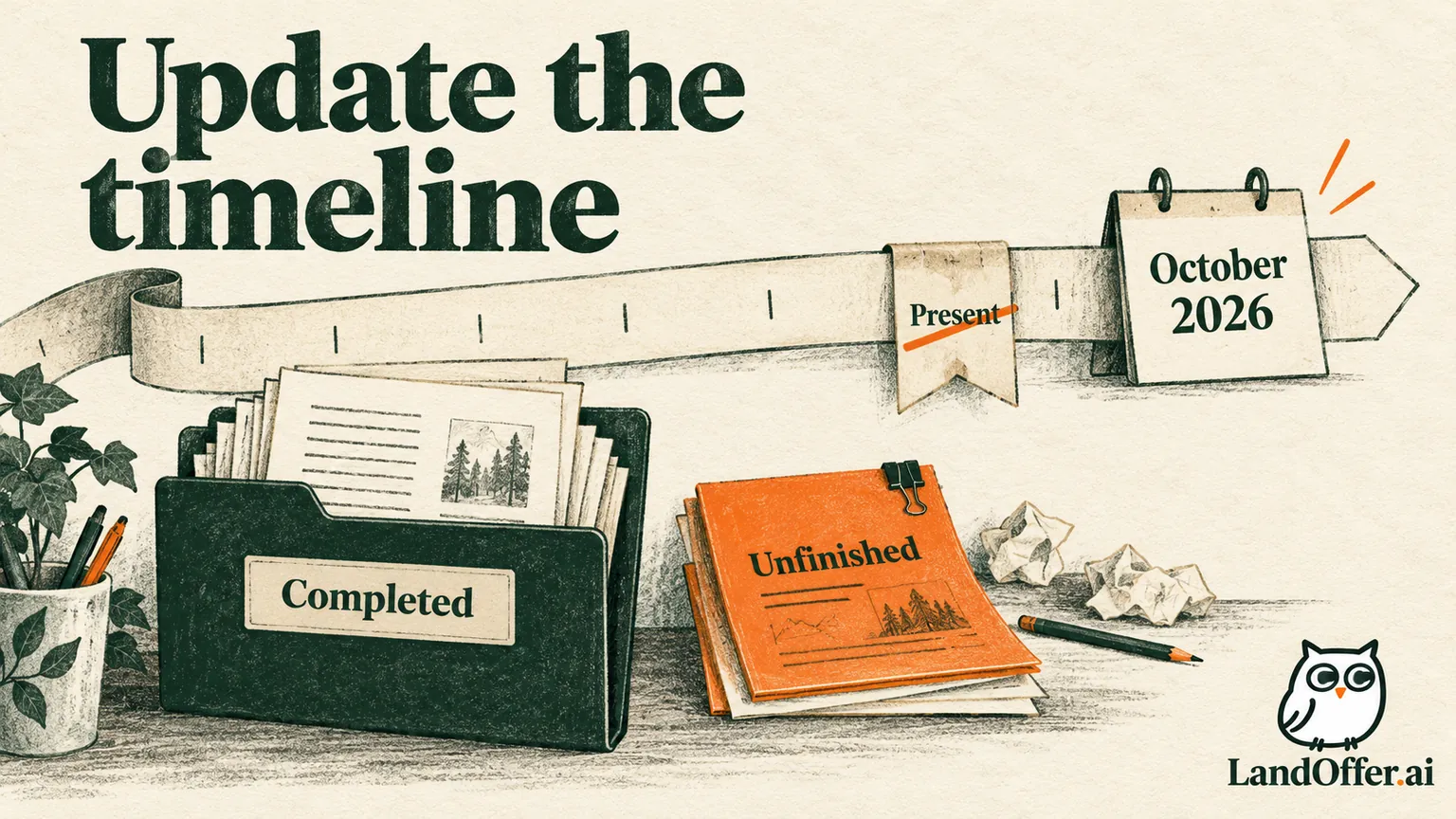 Illustration of an employment timeline ending in October 2026, with completed work inside a folder and an unfinished rollout outside it