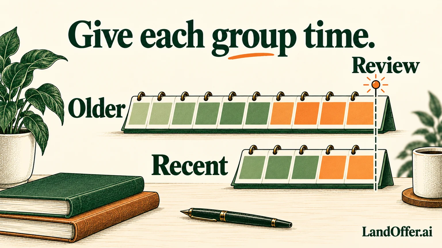 An editorial calendar holds an older application group and a recent group on separate timelines, showing why unequal waiting periods should not be read as a performance change.