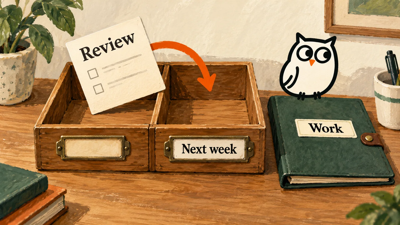 A review card moves to next week's task drawer beside a separate closed work folder.