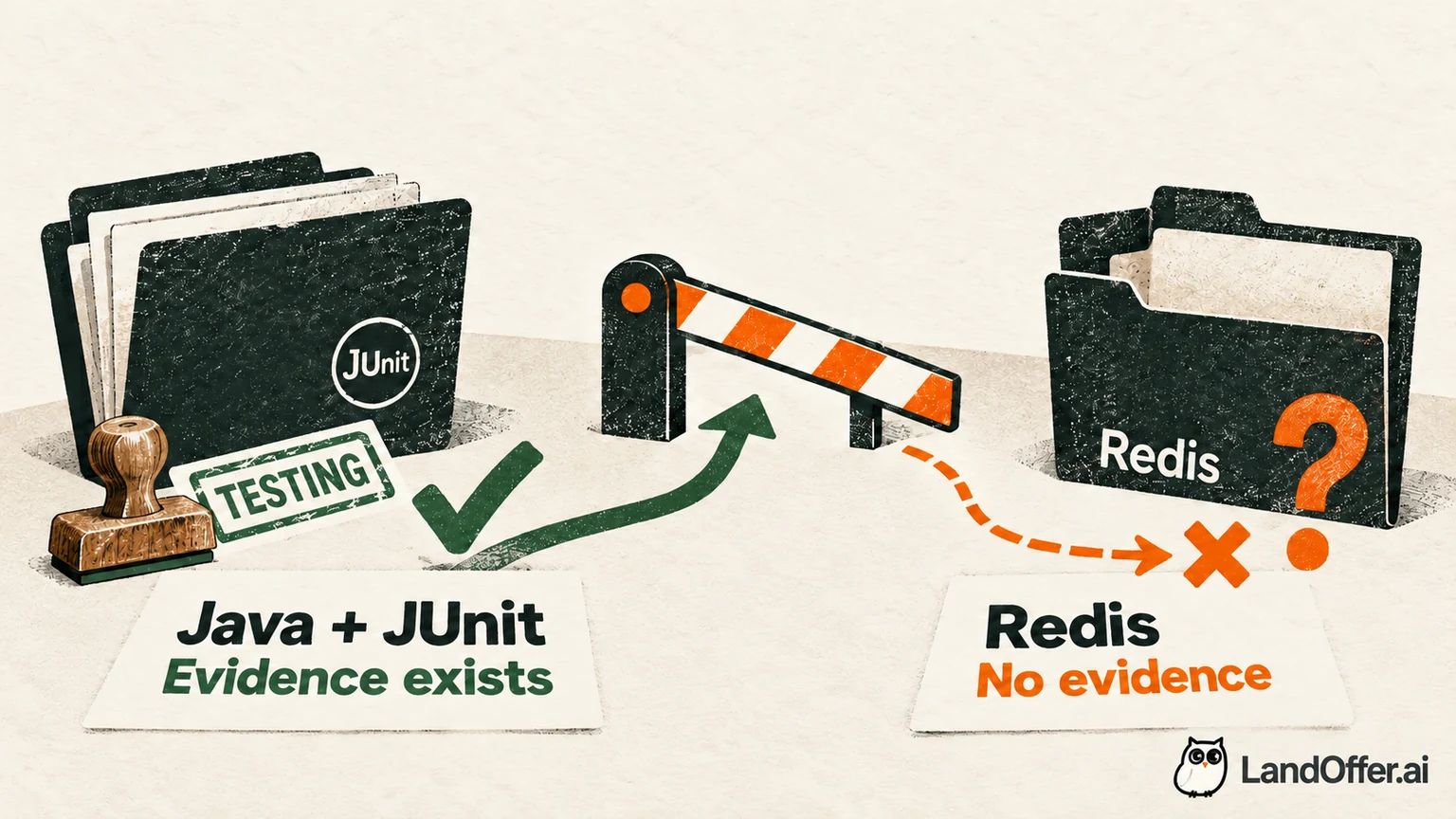 Illustrated evidence gate with supported Java unit testing on one path and unsupported Redis on another, showing truthful editing decisions without invented scores.