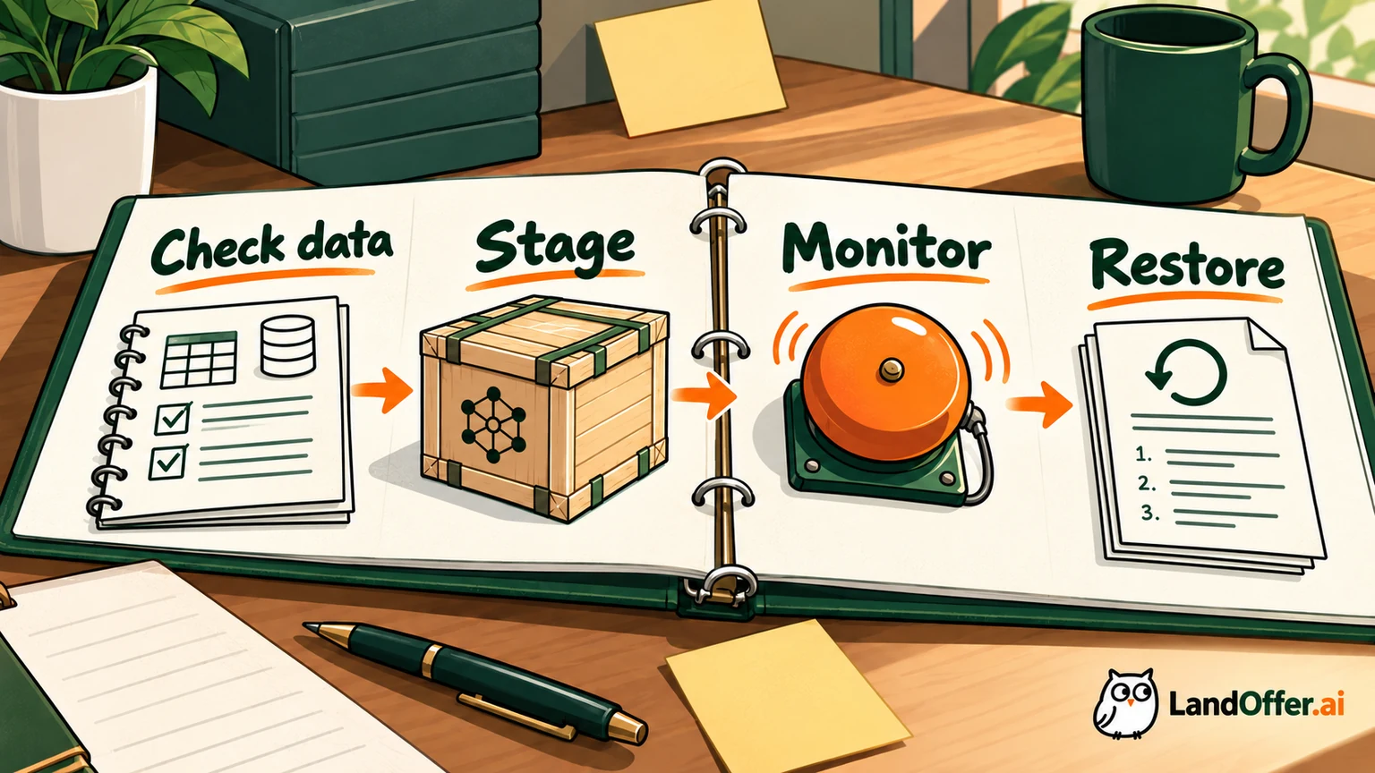 Physical release dossier connects deployment, data inspection, monitoring and fallback, illustrating the fictional ML engineer responsibility map.