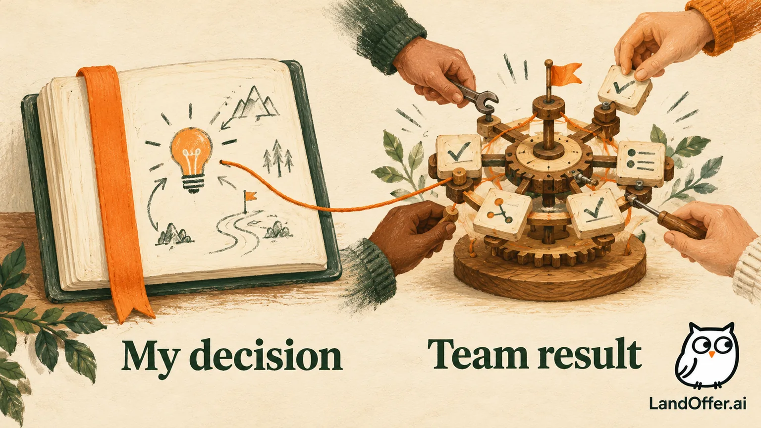 Physical decision notebook and assembled scheduling mechanism distinguish the PM's own decision from the collaborative team result.