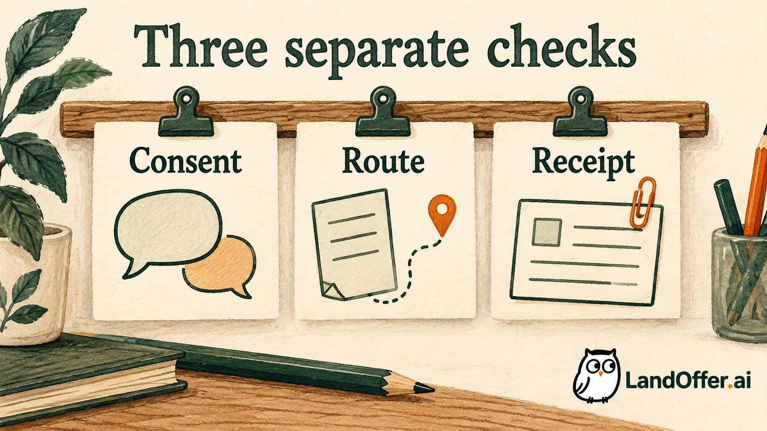 Consent, Route and Receipt cards hang separately along a wooden rail, keeping a willing contact, valid process and application evidence distinct