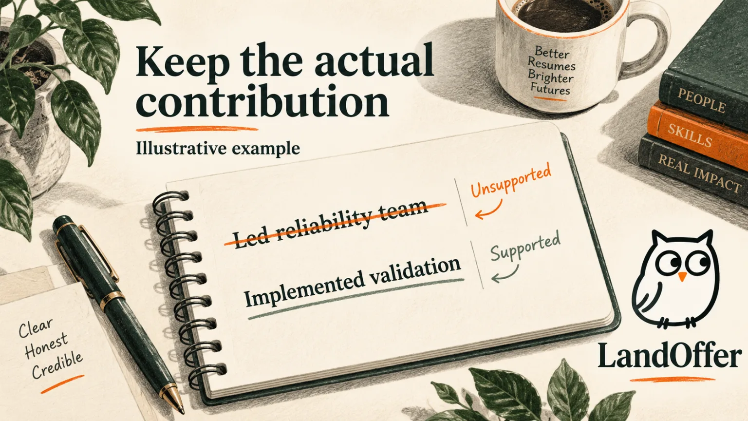 Illustrative example crossing out unsupported team leadership and retaining the supported contribution, implemented validation
