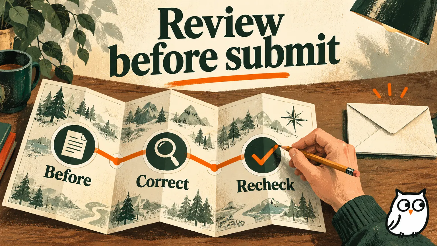 Editorial illustration of a folding map with Before, Correct, and Recheck stations, beside an envelope separated by a gap to represent the remaining submit decision.