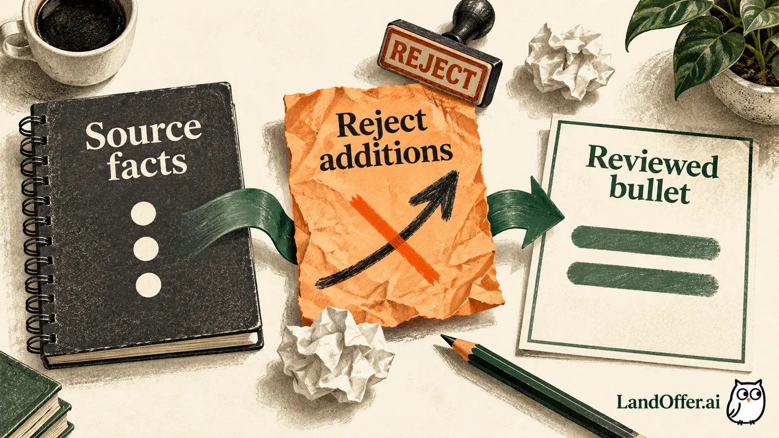 Illustrated source-to-sentence review showing a project note, a rejected exaggerated claim and a truthful reviewed resume statement.