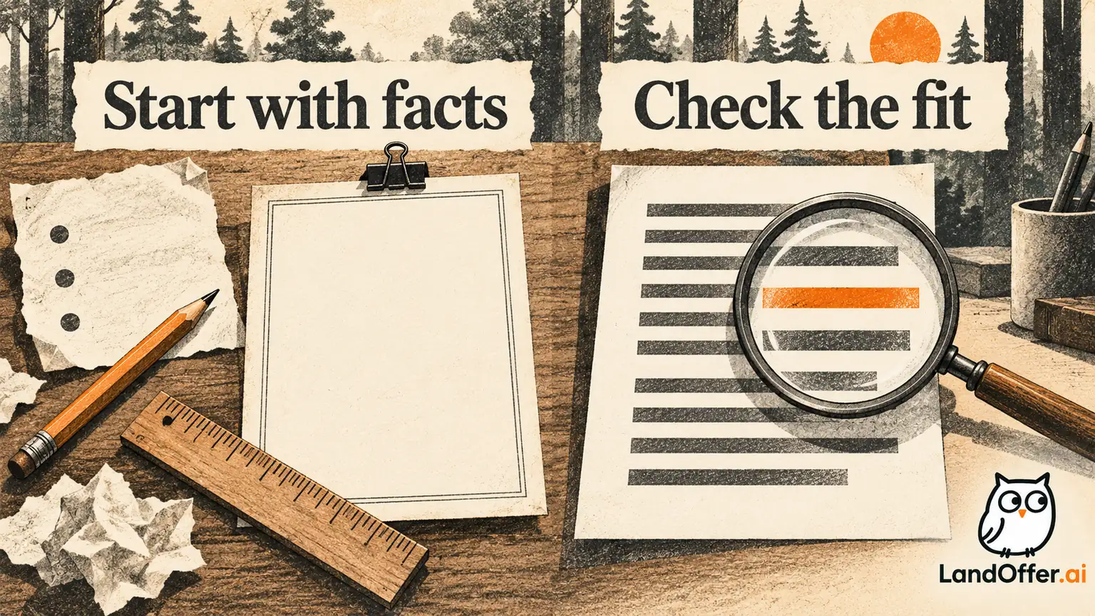 Raw factual notes become a reviewed draft on one side while a finished resume receives a targeted inspection on the other.