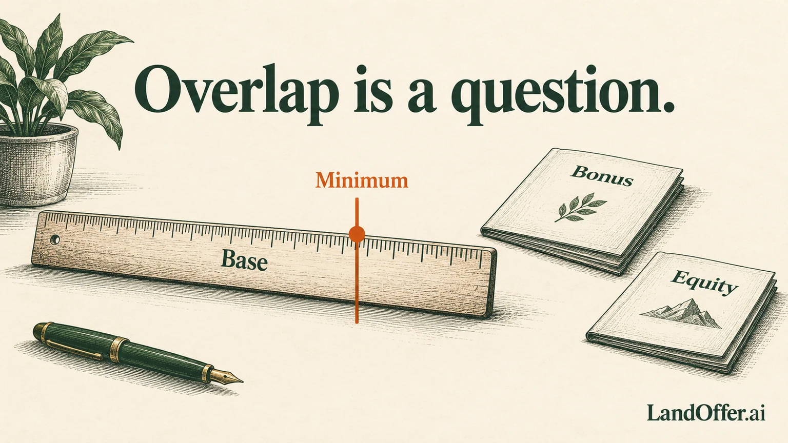 A fictional salary comparison shows a base-pay ruler crossing Maya's minimum, while unpriced bonus and equity papers remain separate. Editorial illustration, not an offer or market benchmark.