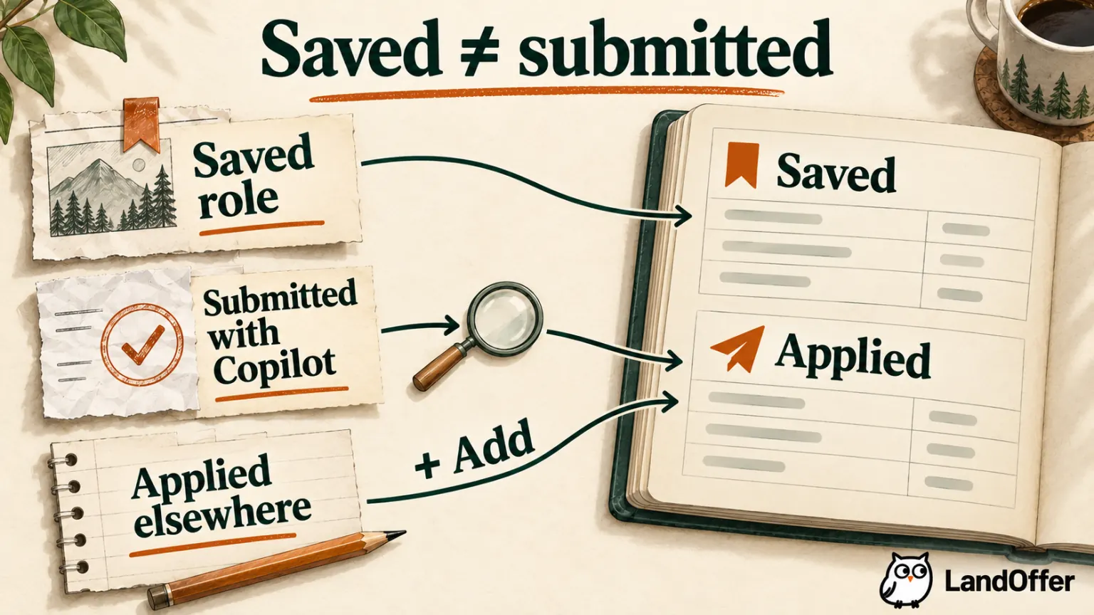 Illustrated tracker cases: a saved role enters Saved; a confirmed Copilot application is checked under Applied; an application submitted elsewhere can be added manually