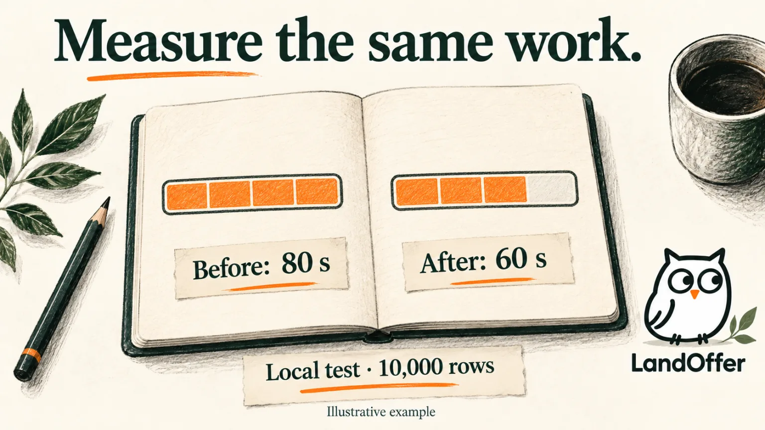 Two local benchmark records show the same 10,000-row input taking 80 seconds before and 60 seconds after a change; the comparison is illustrative.