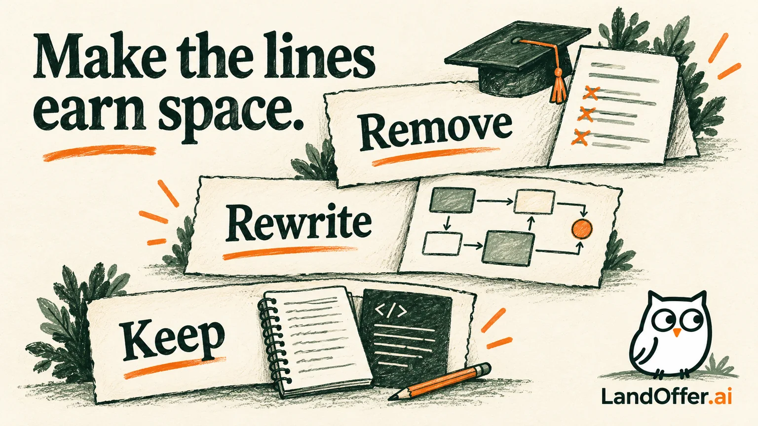 Three paper strips labeled Remove, Rewrite and Keep connect to graduate, senior and career-change evidence, showing the article's three completed decisions.