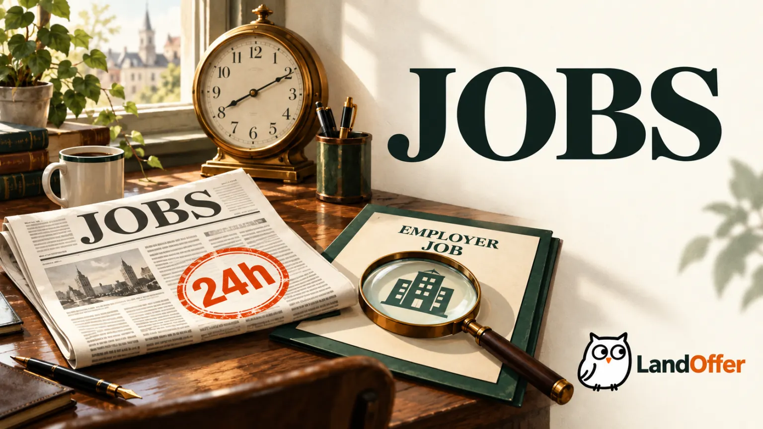 Editorial morning desk with a clock, a job clipping marked 24h, and an employer folder under a magnifying glass