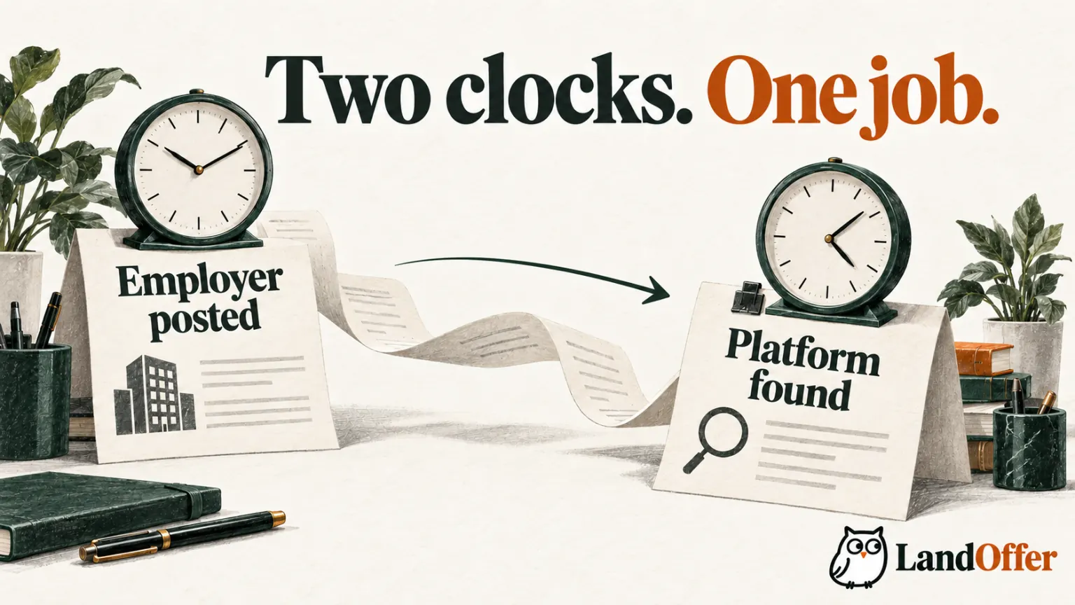 Editorial illustration of separate Employer posted and Platform found clocks along the same job's paper trail