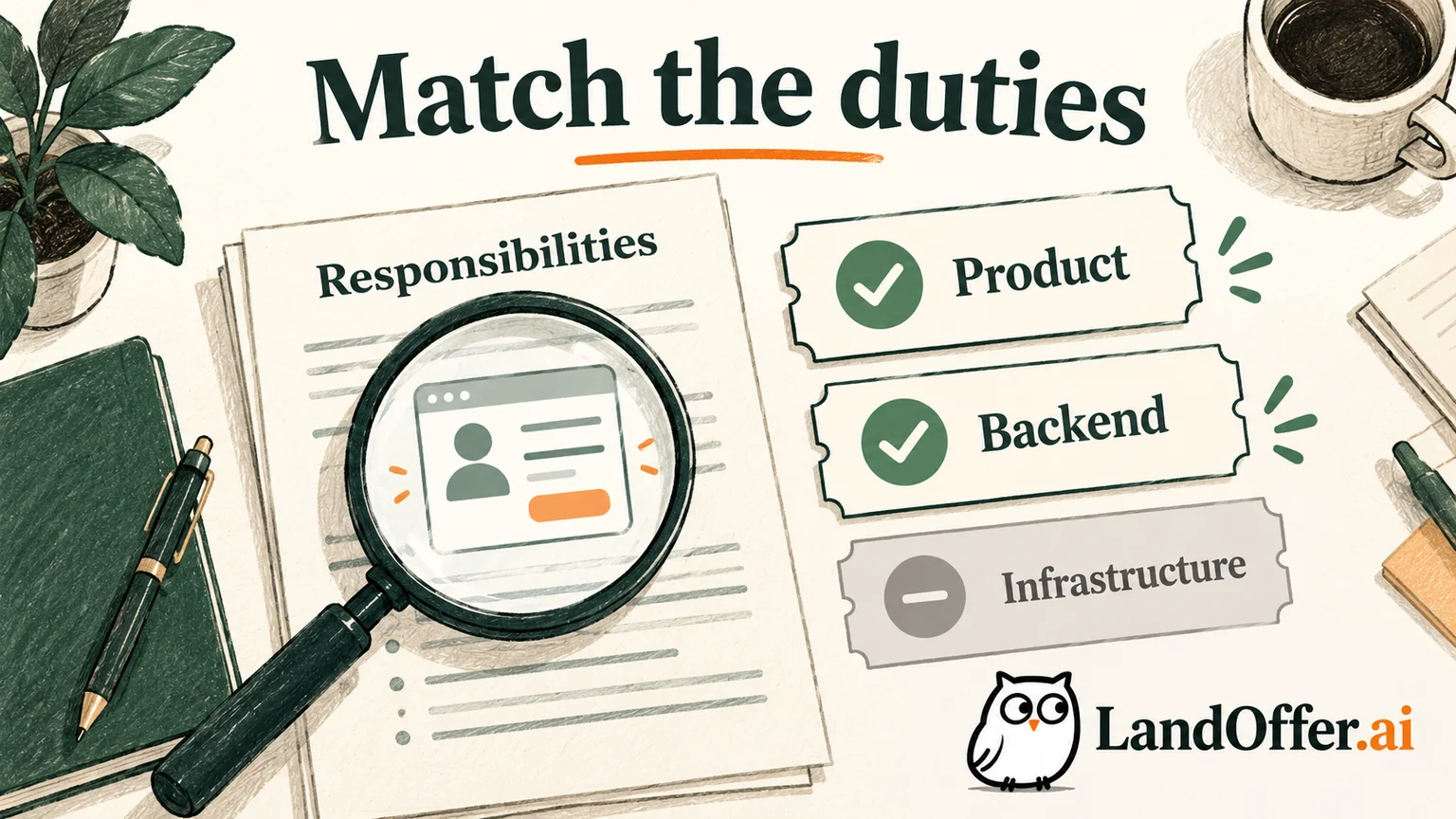 A magnifying glass highlights responsibilities while product and backend route tickets are selected and infrastructure is set aside in Elena's illustrative search.