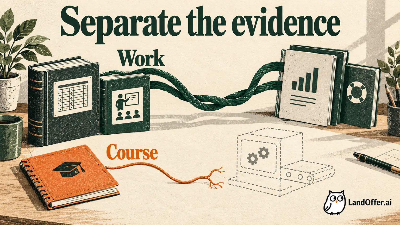 Illustration of a solid work-evidence strand reaching reporting materials while a separate course strand ends before an unfinished machine