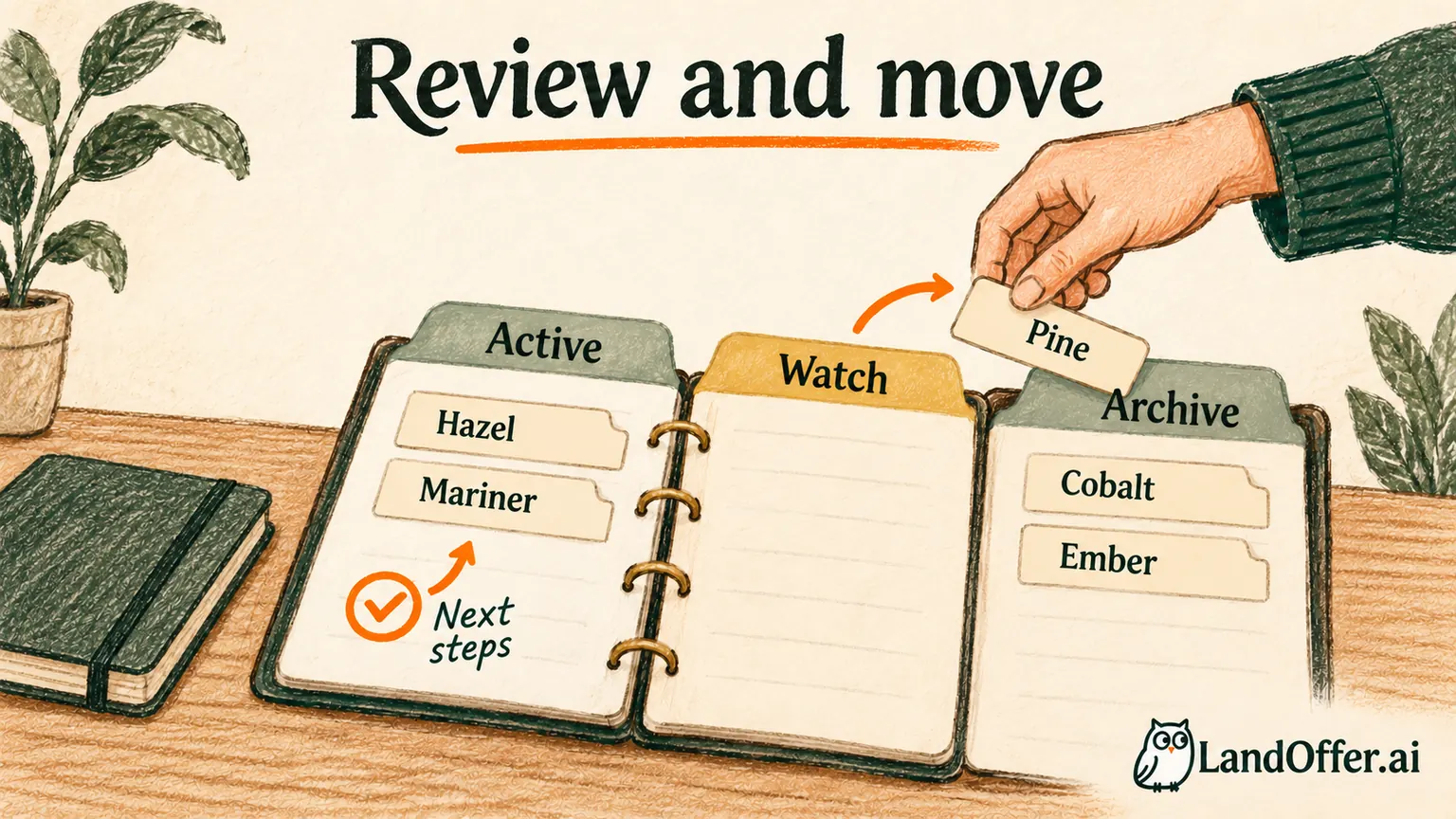 An illustrated ledger separates Active, Watch and Archive while company tabs move between dividers after a review.
