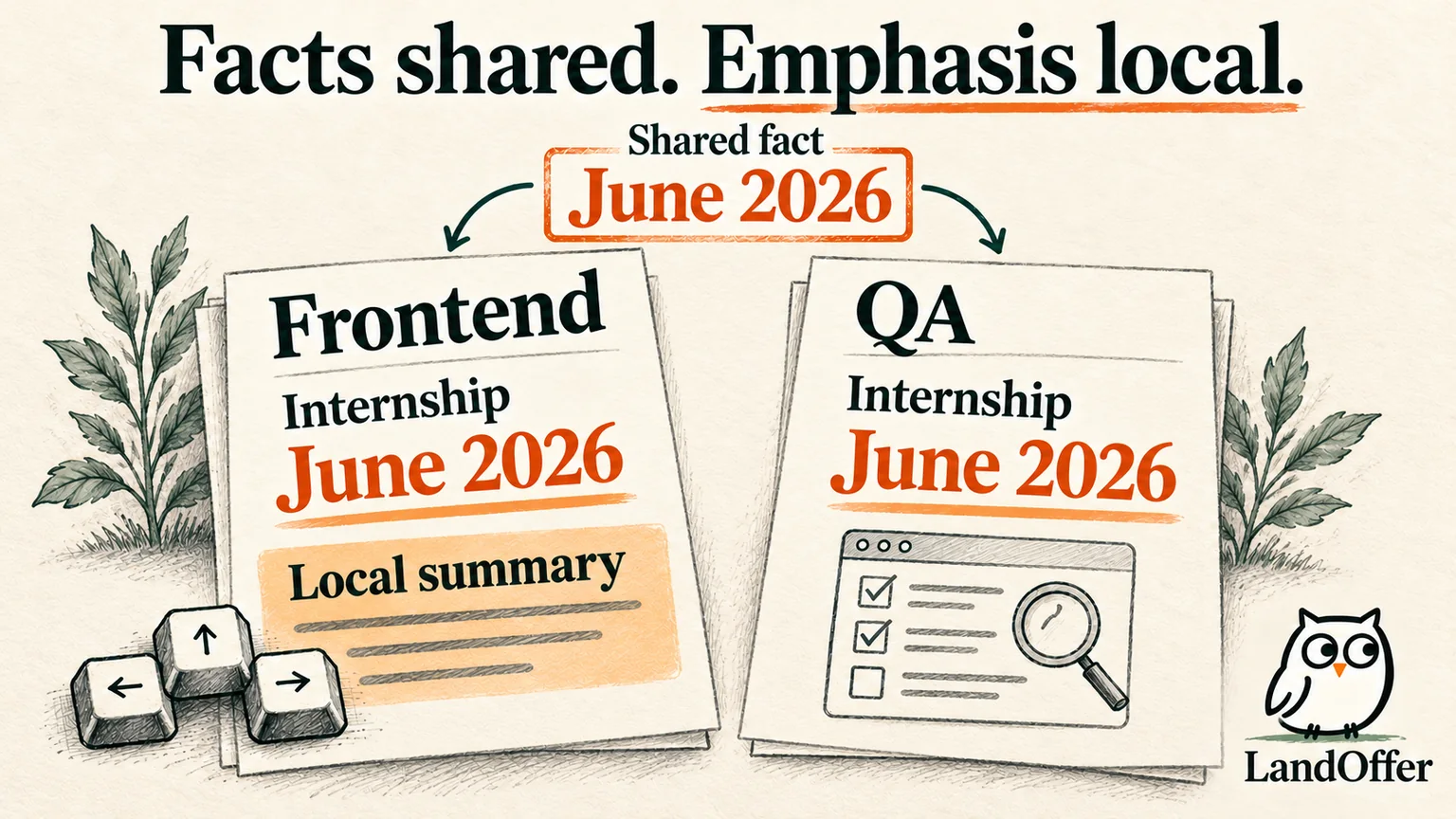 Illustrative Teal editing distinction: a corrected June end date belongs across both resumes, while a frontend summary stays with its selected version